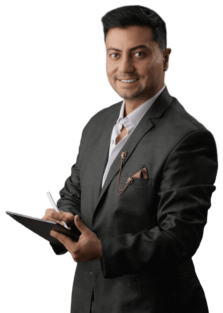 Professional wedding planner in Colombia, Jeison Giraldo, posing in a suit with a tablet and stylus